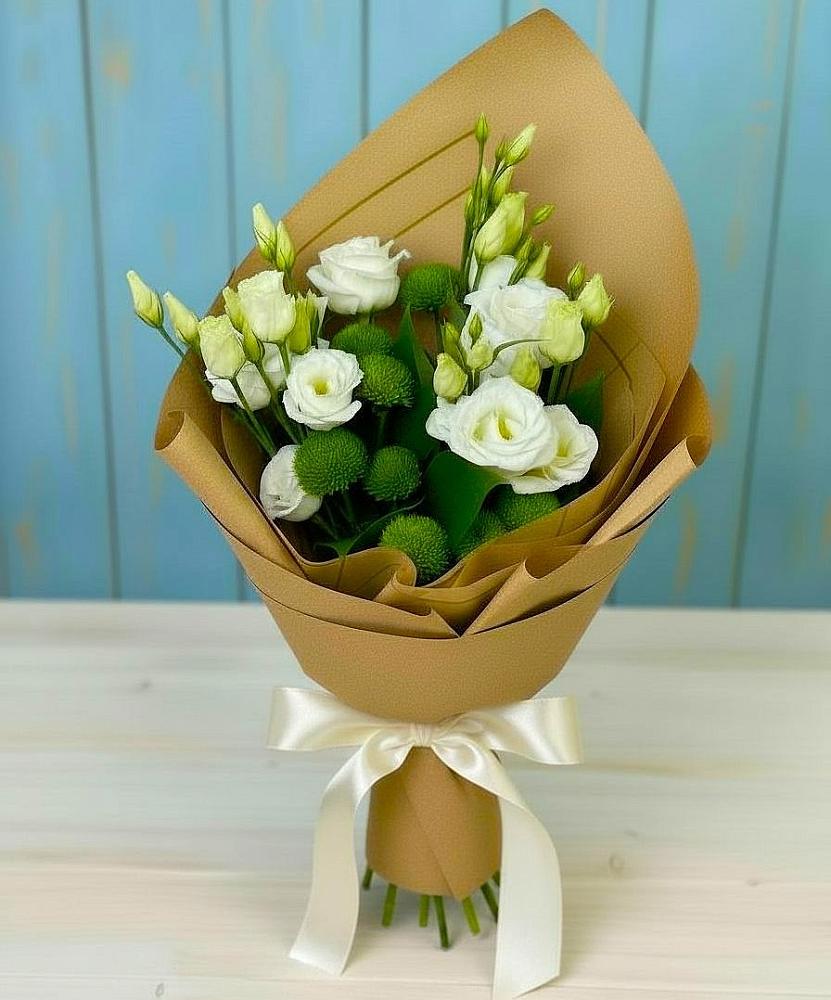 Букет цветов из: Хризантемы и Лизиантусы в Березанской